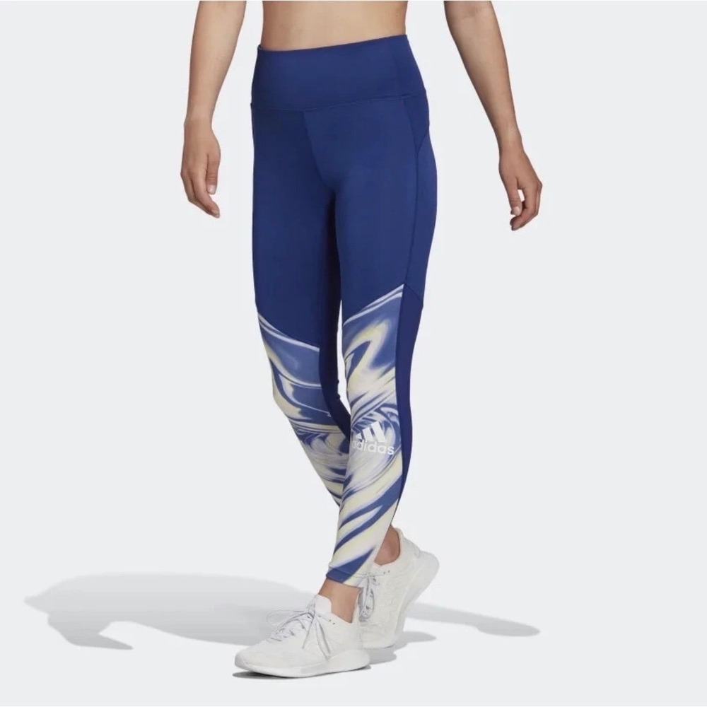 Adidas Leggings Womens L AEROREADY High Rise Blue Marble Graphic EUC
